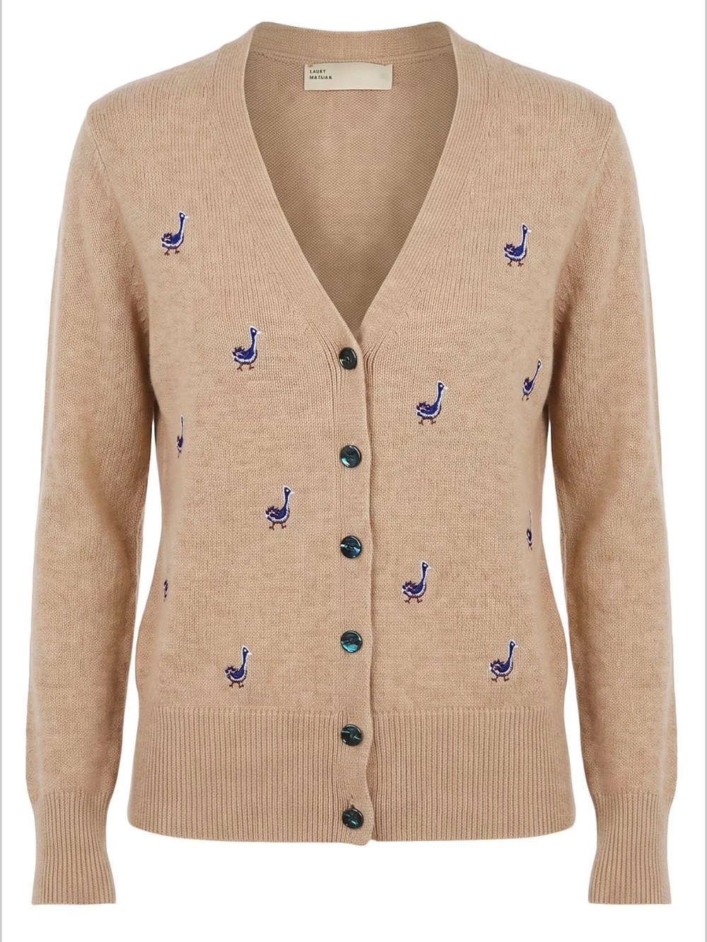 Tory Burch Classic V-Neck Embroidered Cardigan Sweater - Taupe with Navy Motifs